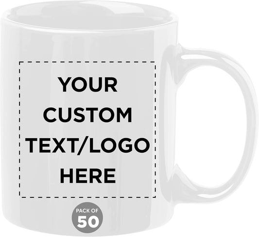 Custom Ceramic Coffee Mugs 11 oz. Set of 50, Personalized Bulk Pack - Coffee cup set, Iced coffee cup, Gaming mug - White