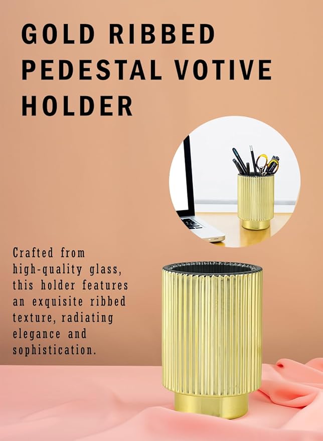 Serene Spaces Living Gold Ribbed Pedestal Glass Votive Holder, Table Centerpiece, Home, Office, Wedding, Birthday, Holiday & Special Events Decor, 3.5" Diameter & 5" Tall, Pack of 24