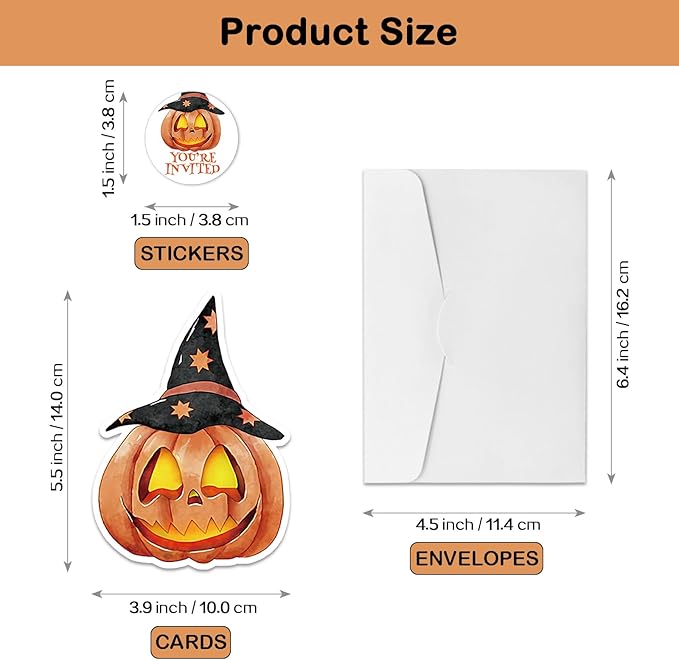 REWIDPARTY 15 Sets Halloween Invitations with Envelopes Stickers, Pumpkin Shaped Fill-in Invitation Cards, Birthday Baby Shower Party Invites, Funny Halloween Thanksgiving Party Supplies Decoration