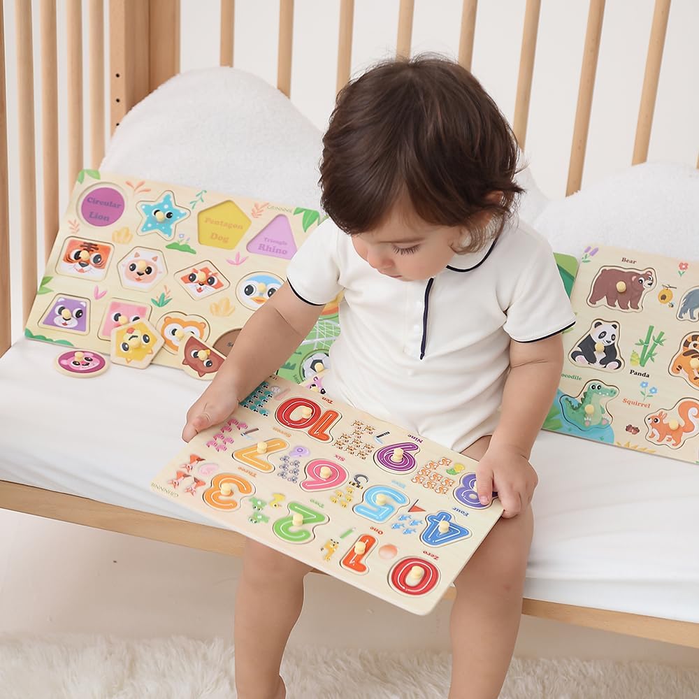 GRINNNIE 9 Pack Montessori Toddler Puzzle for 3 4 5 Years Old, Wooden Learning Puzzle for Toddlers 3-5, Animal, Alphabet, Number, Shape Peg Puzzles Set, Great Birthday for Boys Girls