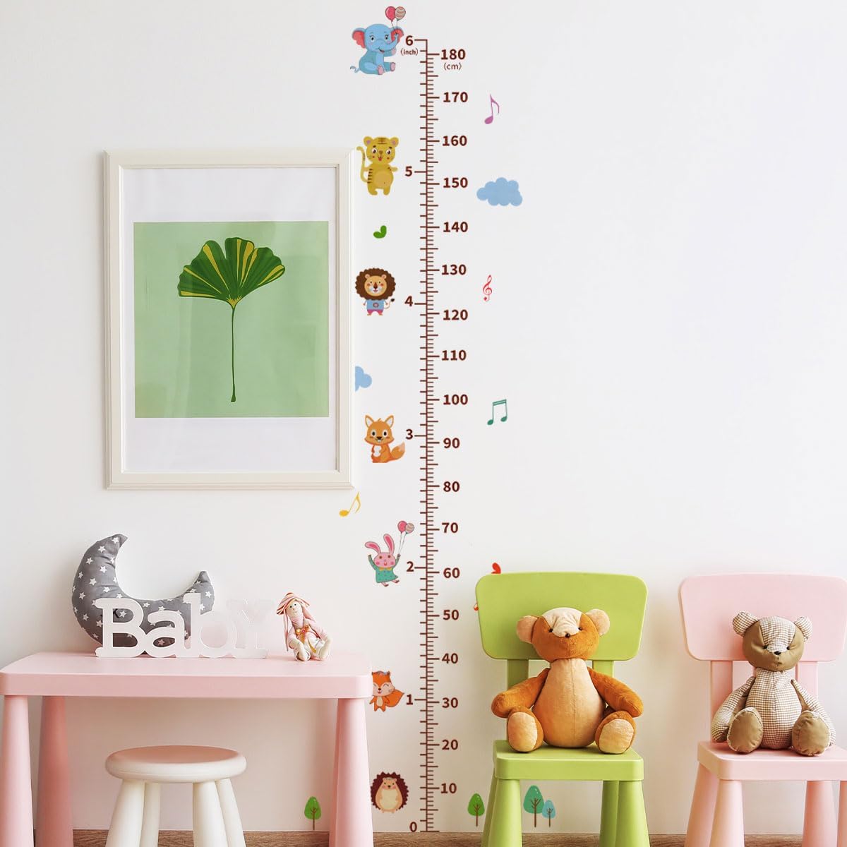 Cartoon Animals Self-adheve Vinyl Nursery Wall Decal Baby Growth Chart Sticker for Bedroom Play Room