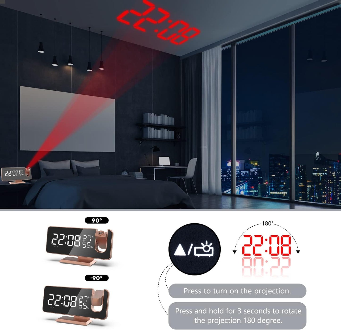 Projection Digital Alarm Clock for Bedrooms, Alarm Clock Radio on Ceiling, USB Charger Port, Temperature & Humidity Display, 7.3” Large Mirror LED Display,12/24H,Snooze,Dual Loud Clock- 4 Dimmer