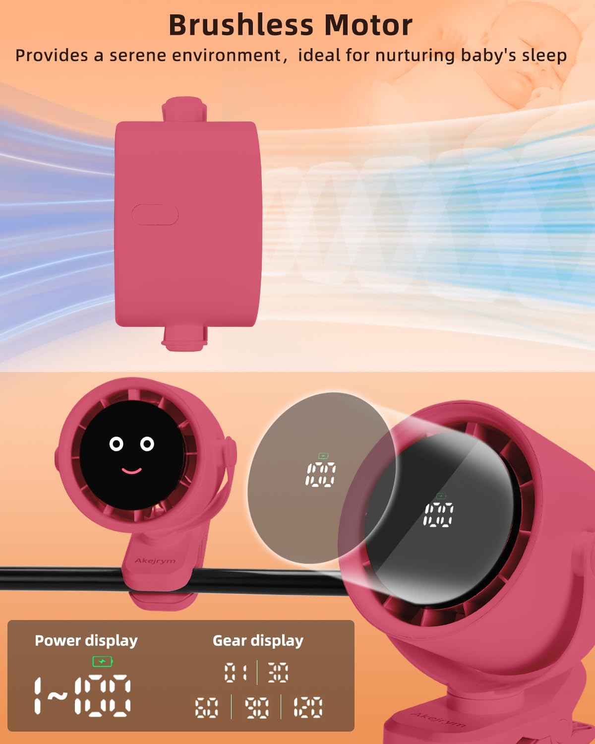 Clip on Fan for Bed, Portable Fan for Travel, Air Turbo Tech & Digital display, 360° Rotate & 5 Speeds stroller fan, For Home Office Stroller Camping - Red