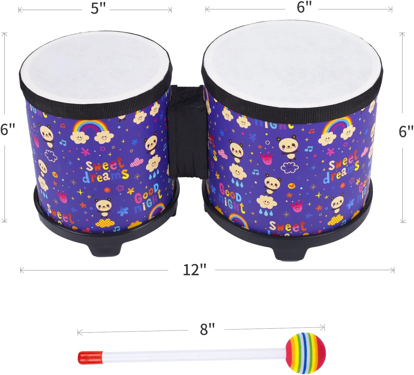 Bongo Floor Tom Drums Set for Kids: Children Drum Percussion Music Instrument with 2 Mallets for Children- Preschool Montessori Floor Babies Drum (Rainbow 5" to 6")