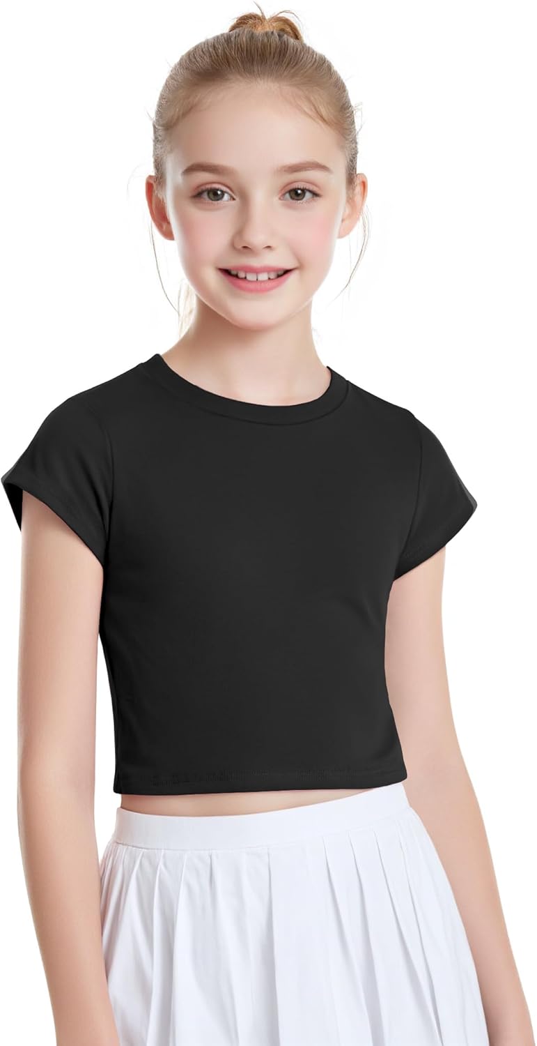 Auranso Girls Crop Tops Summer Short Sleeve Round Neck T Shirts Basic Tee for Kids