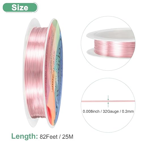 0.2 mm/32 Gauge Copper Wire for Jewelry Making, 82FT Copper Beading Craft Wire for Jewelry/Weaving/DIY Crafting/Planting, Color-Retaining [25M, Rose Gold]