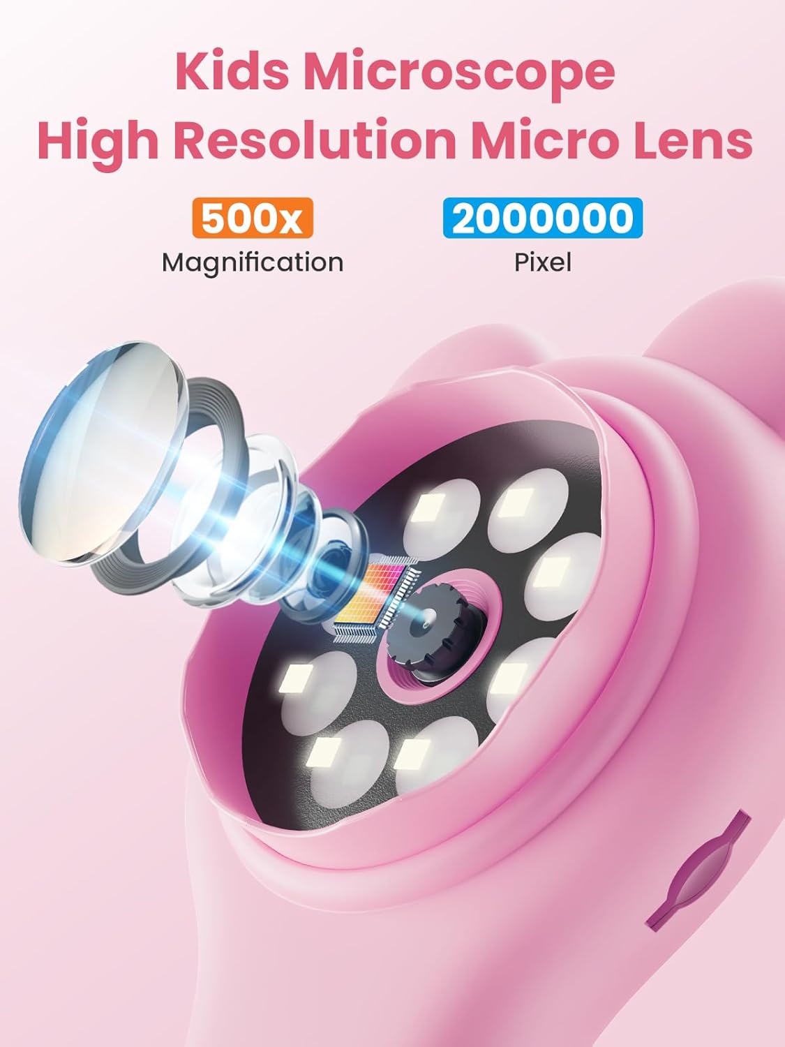 Microscope for Kids, 2 Inch Digital Microscope with 500X Magnifying Glass, 4× Zoom Handheld Camera Mini Pocket Magnification, Educational Science Toys for Ages 3+, Pink