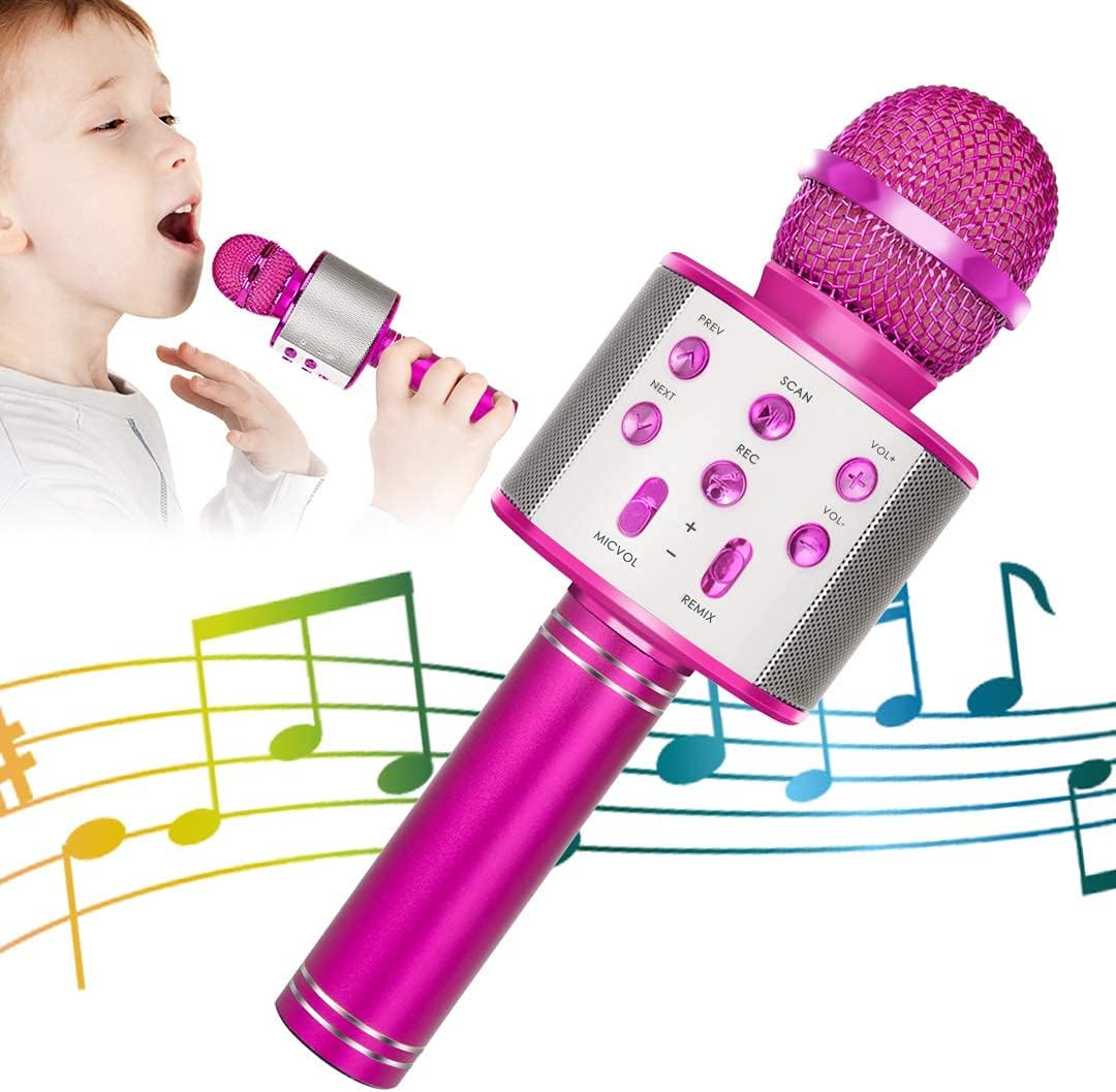 KIDWILL Wireless Bluetooth Karaoke Microphone for Kids, 5-in-1 Portable Handheld Karaoke Mic Speaker Player Recorder with Adjustable Remix FM Radio for Kids Girls Boys Teens Birthday-Hot Pink