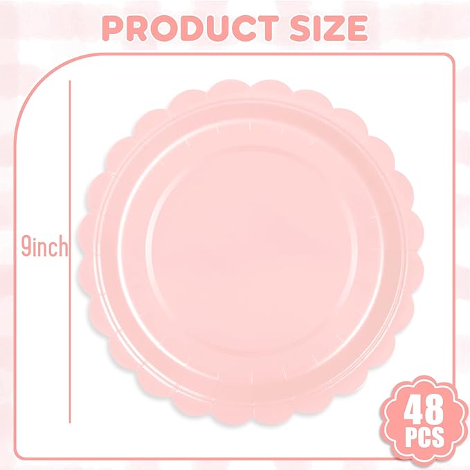 48 Pcs Pink Paper Plates 9 Inch Scalloped Dessert Plates - Disposable Pink Cake Plate - Baby Shower Birthday Party Wedding Bridal Party Supplie