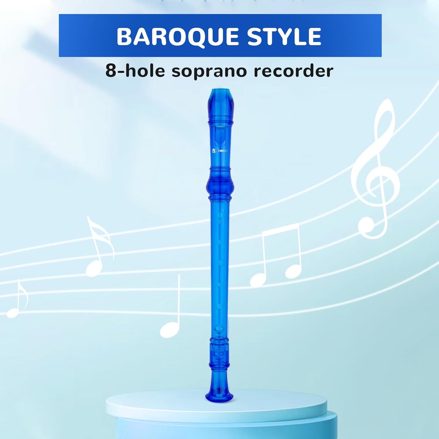 SWAN Soprano Recorder Instrument for Beginners Kids Student - Baroque Style 8 Hole Flute Detachable 3pcs ABS Descant Recorders with Cleaning Rod and Fingering Chart, SW8KT, Transparent Blue