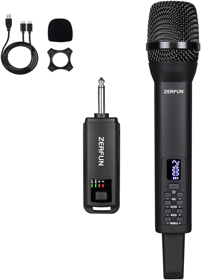 Rechargeable Wireless Microphone, Pro Handheld Cordless Mics System Dynamic with Echo Treble BASS VOL Control for Karaoke Singing Church Party, 1/4'' Output, D240, Black