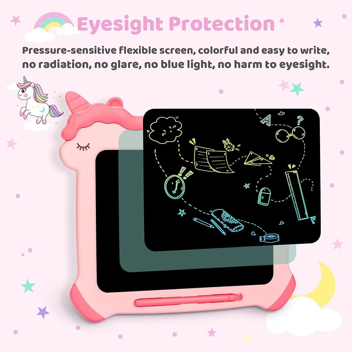 Kikapabi LCD Writing Tablet for Kids, Unicorn Colorful Screen Doodle Board, Electronic Drawing Pad, Educational Toy, Toddlers Travel Toy, Christmas Birthday Gift for 3 4 5 6 7 Year Old Girls Pink