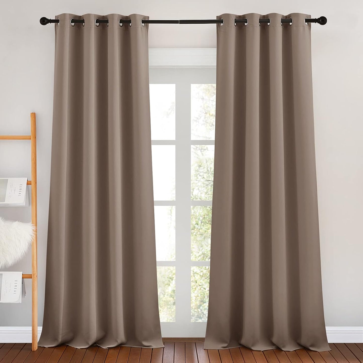 NICETOWN Kitchen Blackout Curtains and Drapes - Triple Weave Energy Saving Thermal Insulated Solid Grommet Blackout Panels for Patio (1 Pair, 46 inches by 90 Inch, Cappuccino)