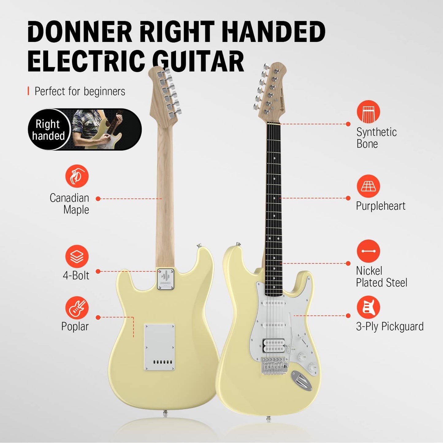 Donner 39-Inch Electric Guitar Starter Kit - Yellow, with Amp, Bag, Tuner, Capo, Strap, Strings, Cable, Picks