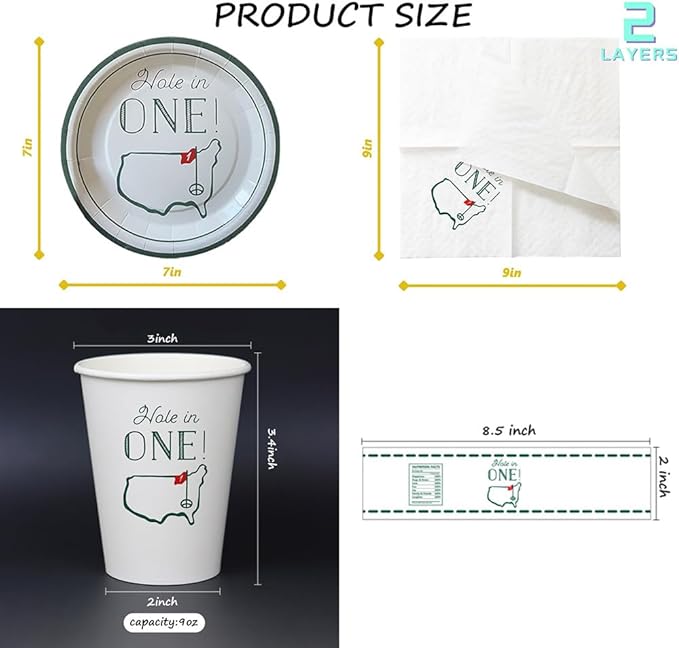 Hole in One Golf Party Decorations, 480-Piece Set with Cocktail Napkins, Plates, Cups, Bottle Labels, Toothpick Flags, Straws, Gift Tags, and Forks for Golf Birthday and 1st Hole in One Parties