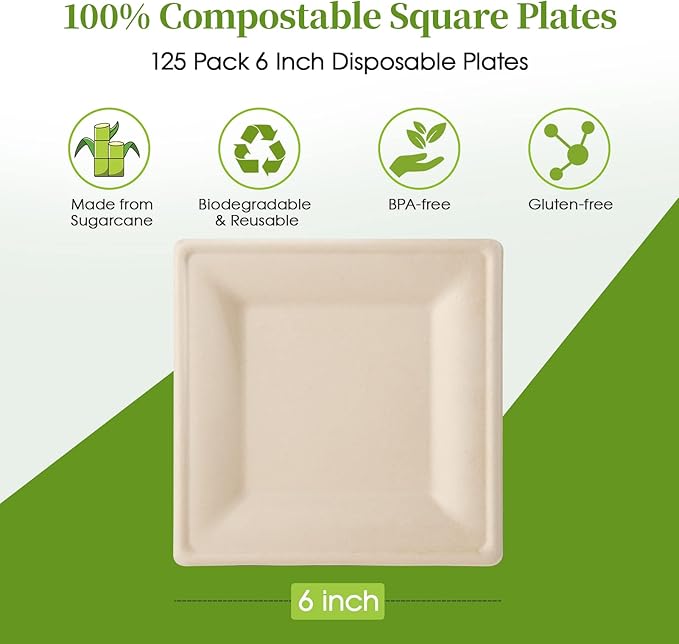 ECOLipak 125 Pack Compostable Square Paper Plates 6 inch Disposable, Eco-friendly Heavy Duty Biodegradable Sugarcane Plates