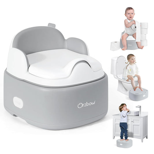 Orzbow 3-in-1 Potty Training Toilet, Detachable Baby Potty, As Toddler Toilet Seat, Chair, Step Stool for Boys & Girls 18+ Months, Potty Training Seat with Splash Guard, Lid, Easy Clean, Gray