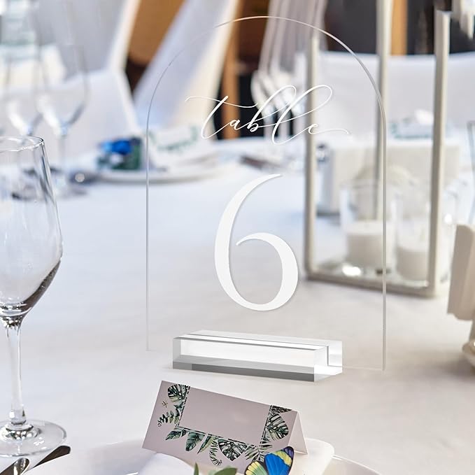 JINMURY Clear Arch Table Numbers for Wedding, 5x7 Inch Arched Acrylic Table Numbers 1-20 with Stands, Clear Acrylic Arch Sign with Holder for Centerpiece, Reception, Wedding, Party, Event