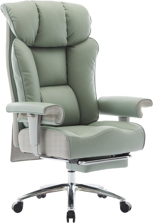 Efomao Big and Tall Green Office Chair 450LBS – Ergonomic High-Back Executive Chair with Footrest, Adjustable Padded Armrests, PU Leather Computer Chair with Lumbar Support for Home or Office，Green