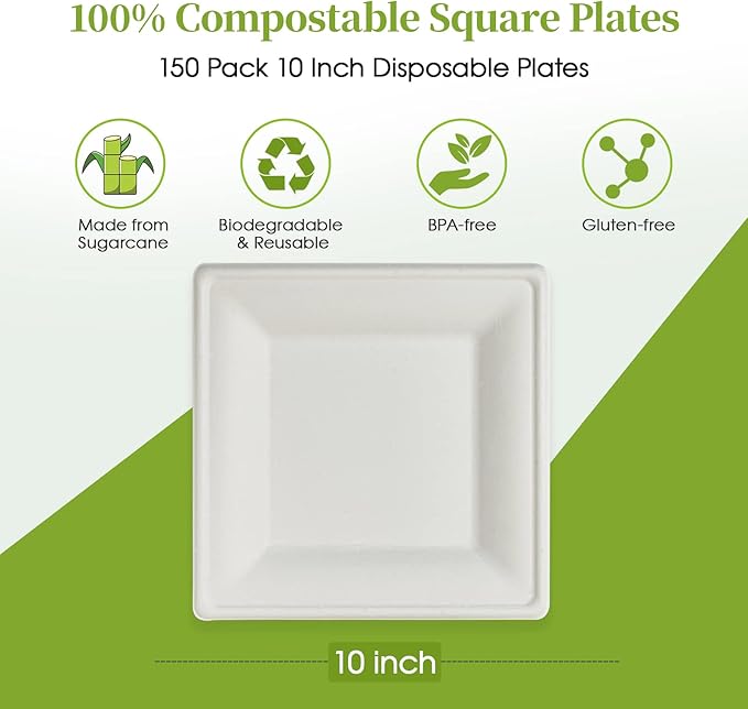 ECOLipak 150 Pieces Compostable Square Paper Plates, 10 inch Heavy Duty Disposable Plates, Eco-friendly Biodegradable Sugarcane Bagasse Plates for Party Dinner Birthday