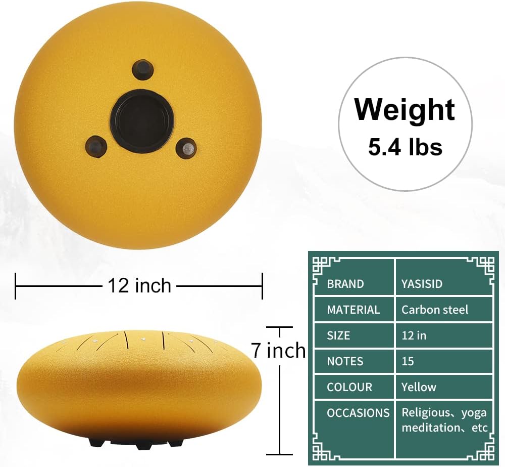 Rain Drum for Outside Garden,Steel Tongue Drum 12 Inches 15 Notes Musical Instruments, Handpan Drum Percussion Instrument, with Soft Bag, Music Book, 2 Mallets, for Meditation or Yoga(Yellow)