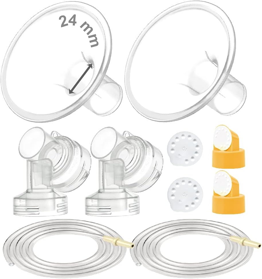 Maymom Breast Pump Kit Compatible with Medela Pump in Style Advanced Pump; 2xTwo-Piece 24mm Breastshield, 2 Valve, 4 Membrane, 2 Replacement Tubing; Replacement Part for Medela Shield, Medela Valve