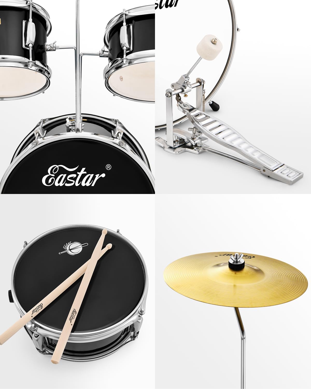 Eastar Drum Set 14'' for Kids Beginners,3 Piece with Bass Tom Snare Drum,Adjustable Throne, Cymbal, Pedal & Two Pairs of Drumsticks, Metallic All Black