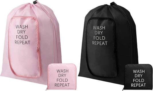 2 Pcs Travel Laundry Bag Washable Dirty Clothes Bag with Drawstring and Zipper for Suitcase, 22 x 18 Inch (Pink, Black,Classic)