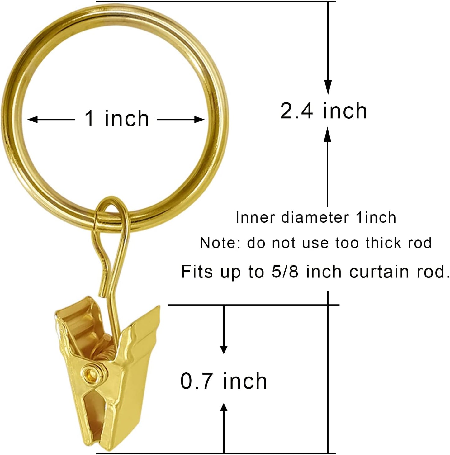 100 Pack Gold Curtain Rings with Clips, Curtain Hooks Hangers Clip Rings for Hanging Drapes Bows Hat, Drapery Rings 1 in I D, Fits up to 5/8 in Diameter Curtain Rod.