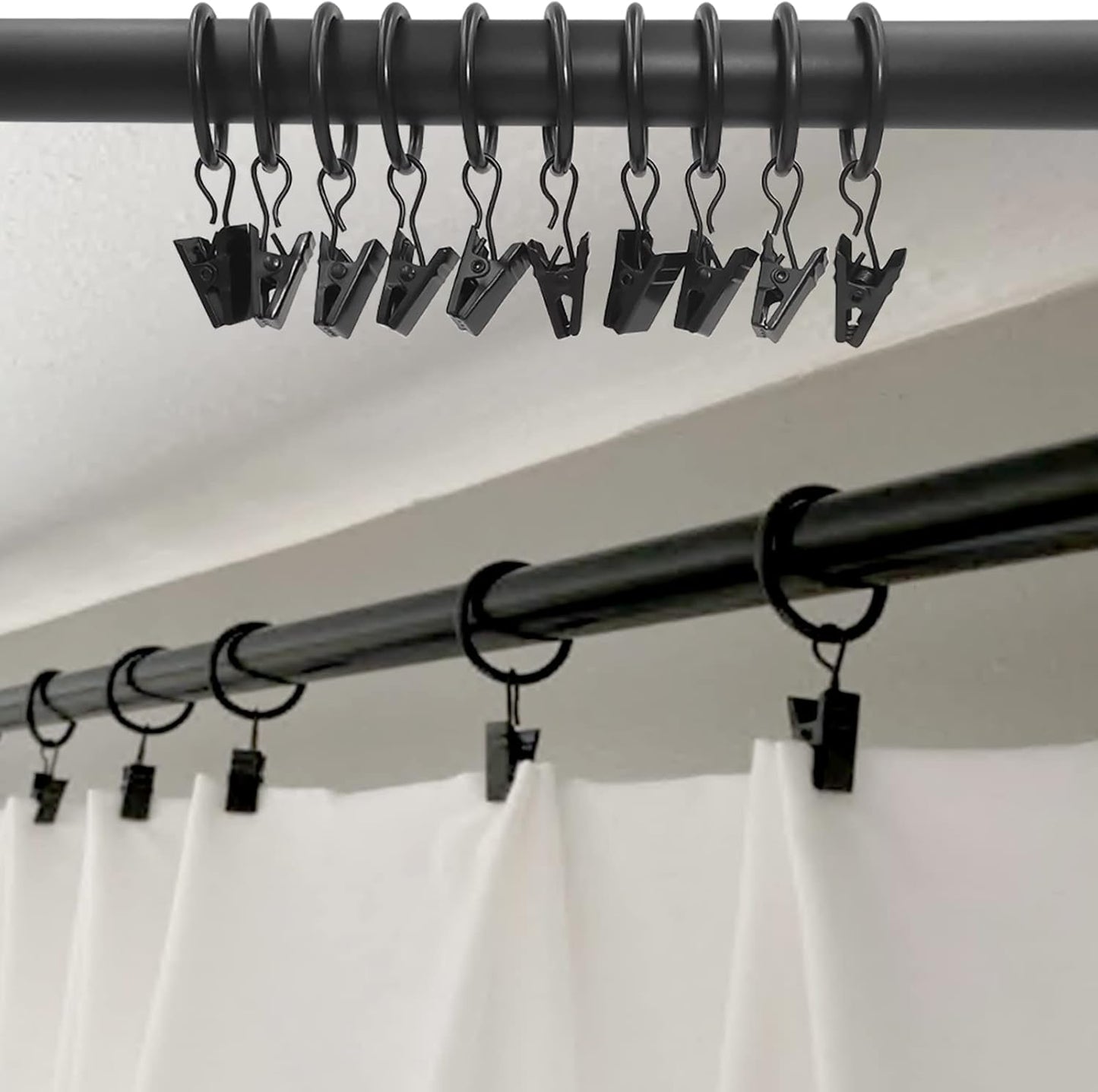 44 Pack Black Curtain Rings with Clips, Curtain Hooks Hangers Clip Rings for Hanging Drapes Bows Hat, Drapery Rings 1 in I D, Fits up to 5/8 in Diameter Curtain Rod.