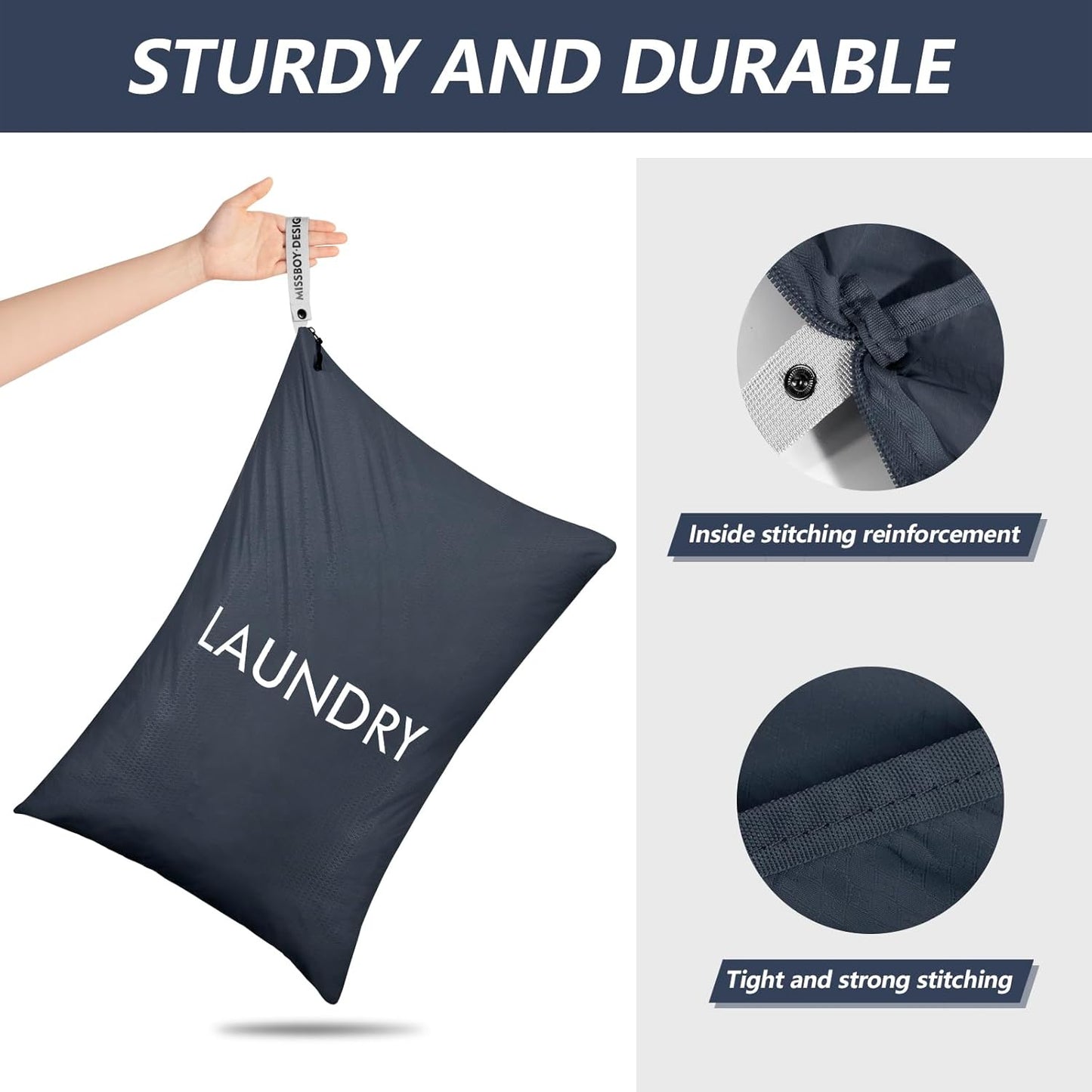 MissBoy Laundry Bag, Nylon Dirty Clothes Storage Bag, Splash-proof Travel Camping Laundry Bags with Zip, Lightweight Foldable Swimming Dry Wet Bag