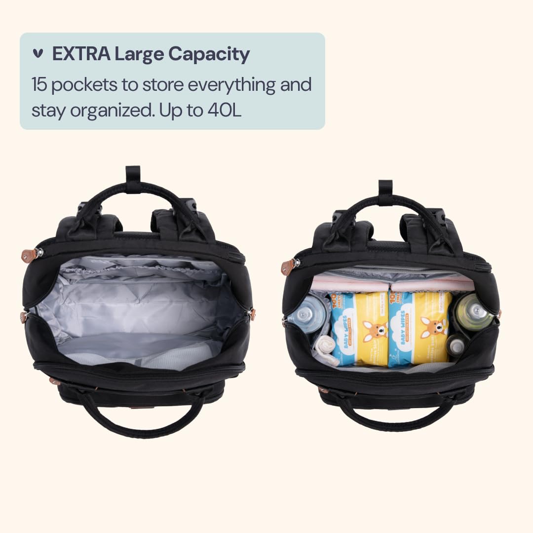 BabbleRoo Extra Large Diaper Bag Backpack, Expandable Baby Bag with Up to 50% More Capacity - Travel Essentials Baby Bag Tote with Changing Pad, Stroller Straps & Pacifier Case - Unisex, Black