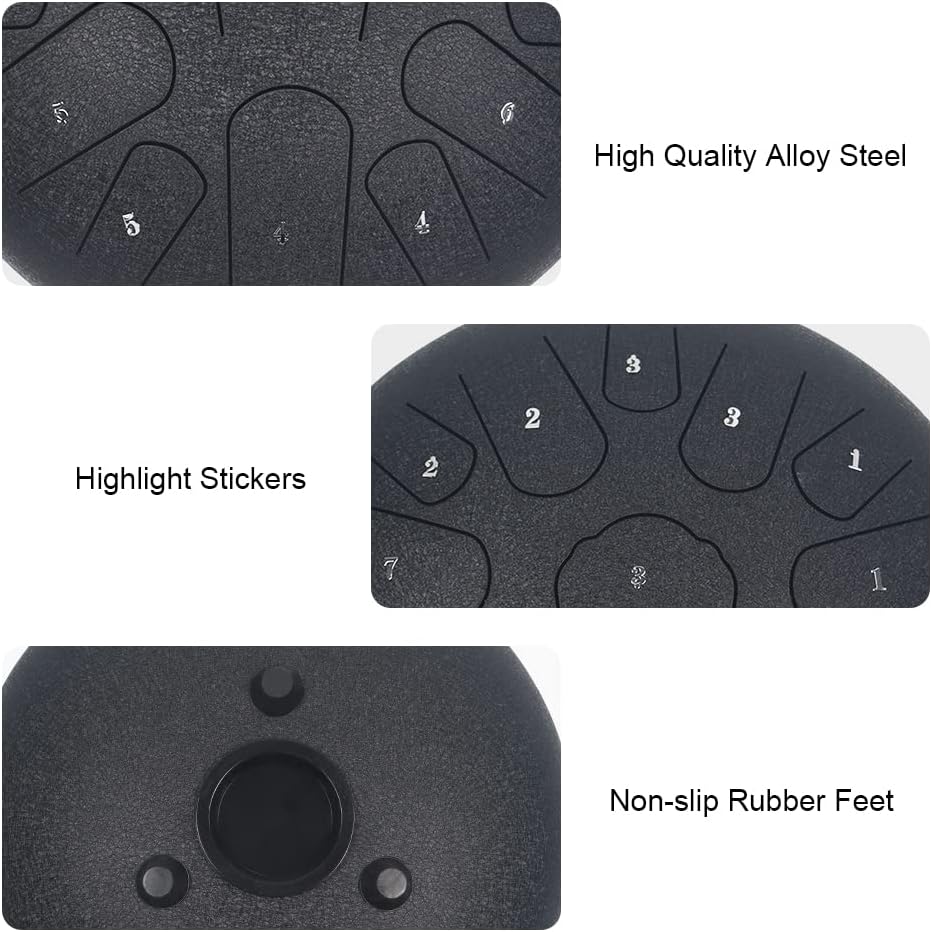 Rain Drum for Outside Garden,Steel Tongue Drum 12 Inches 15 Notes Musical Instruments, Handpan Drum Percussion Instrument, with Soft Bag, Music Book, 2 Mallets, for Meditation or Yoga (Black)