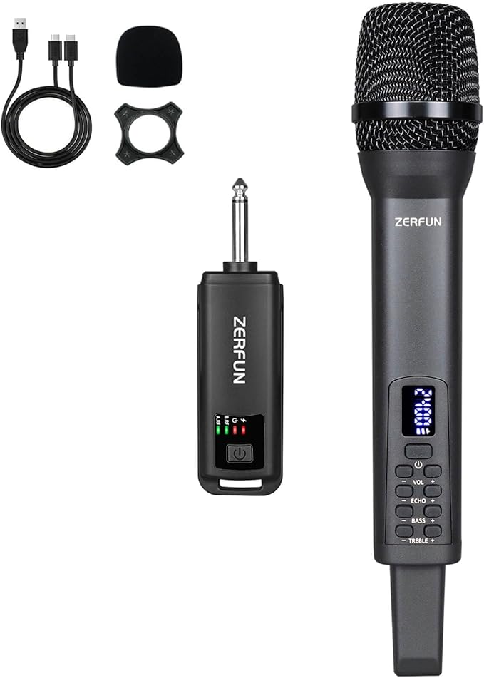 Rechargeable Wireless Microphone, Pro Handheld Cordless Mics System Dynamic with Echo Treble BASS VOL Control for Karaoke Singing Church Party, 1/4'' Output, D240, Grey