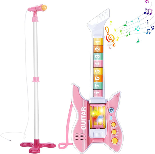 deAO Kids Guitar and Microphone Set with Stand Adjustable Height Music Light Karaoke Music Toys Christmas Birthday Gift for Kids Boys Girls (Pink)