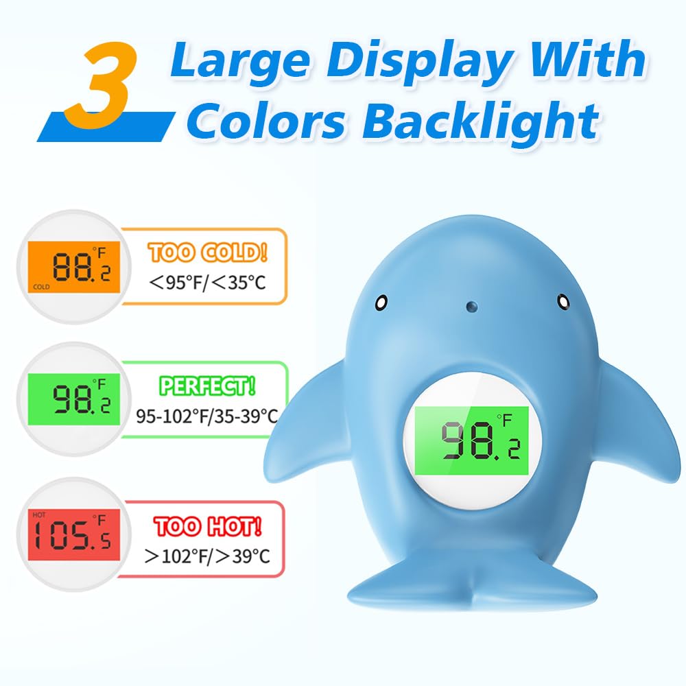 Baby Bath Thermometer, Infant Digital Water Thermometer Safety with 3 Color Backlit and Temperature Warning, Room Thermometers Floating Toy for Infant, Toddler, Bathtub, Swimming Pool (Light Blue)