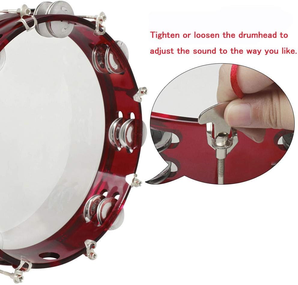 ENNBOM Tambourine Adjustable Tone Hand Drum Double Row Metal Jingles Hand Bell Performance Level Handheld Percussion (Red)