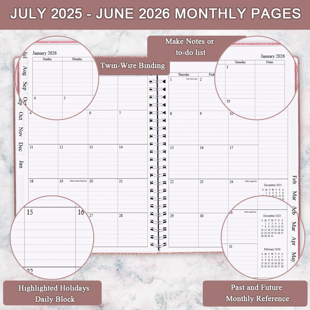 Planner 2025-2026 - Weekly & Monthly Planner Runs from Jul 2025 to Jun 2026, 8.5 x 11", 12 Month Tabs, Inner Pocket, PU Leather Cover with Twin-Wire Binding, Monthly Planners 2025-2026, Rose