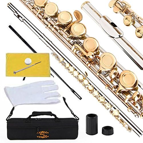 Glory Closed Hole C Flute With Case, Tuning Rod and Cloth and Gloves, Nickel/Laquer
