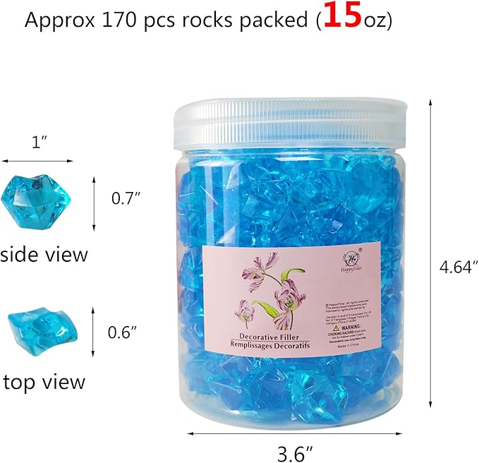 HappyFiller 14 OZ Sky Blue Fake Acrylic Ice Rocks Faux Crystal Cubes Stones Diamonds Gems,Aquarium, Crafts,Table Scatter,Dessert Table Decor Vase Bowl Filler,Party Wedding Centerpieces,Home Accents