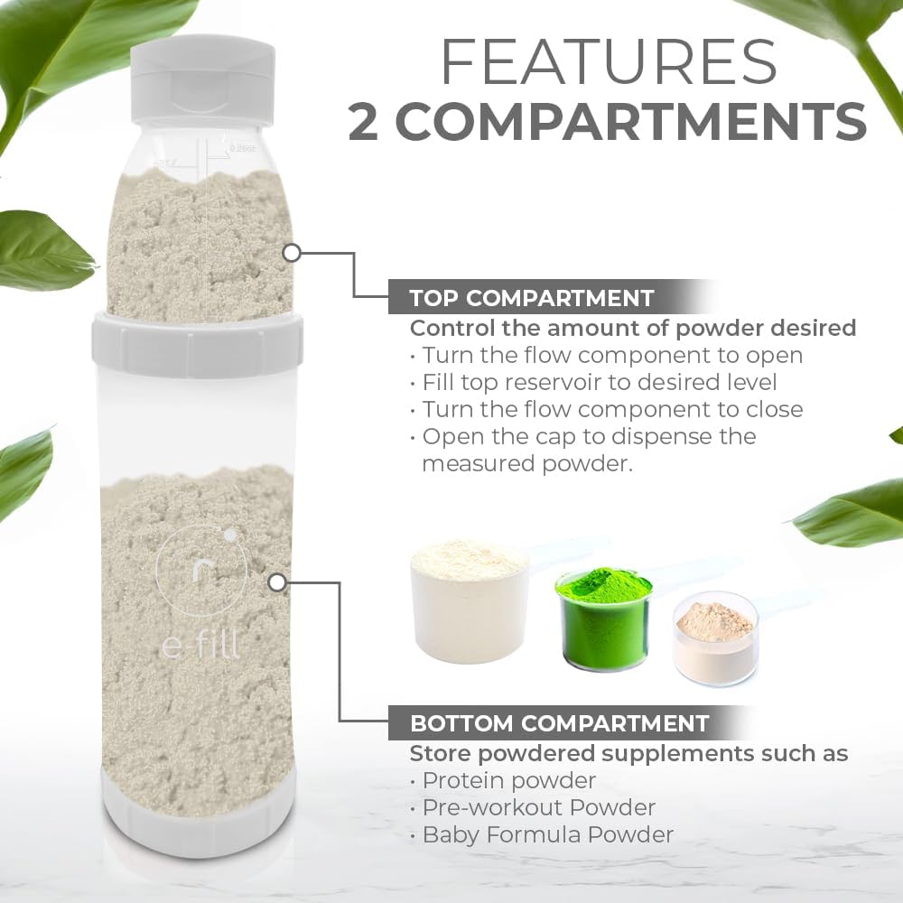 Re-Fill Powder Container To-Go, 2-Compartment Powder Travel Dispenser with Measurements - Powder Container for Protein Powder or Pre-Workout to use On-The-Go (White)