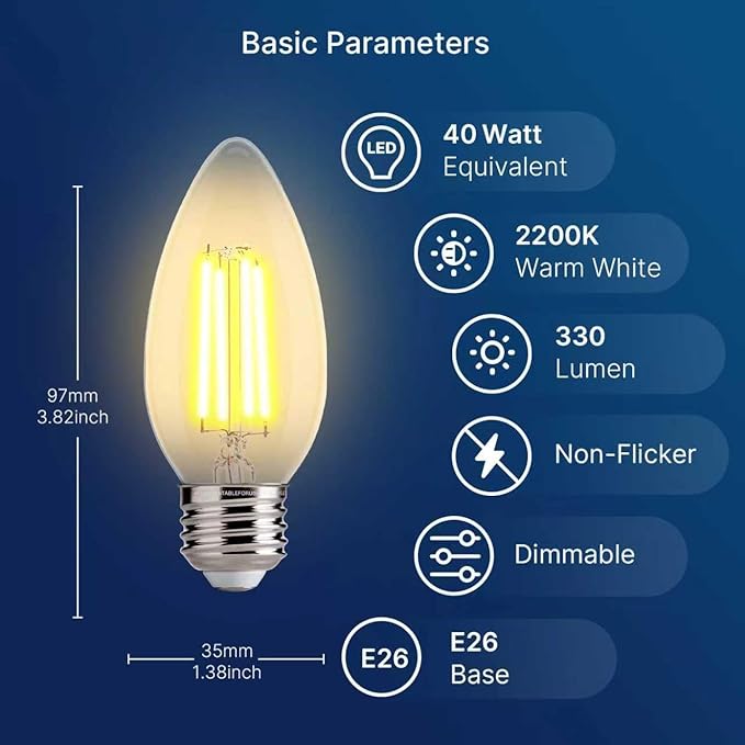 FLSNT 40W Equivalent LED Chandelier Light Bulbs, Dimmable Amber LED B11 E26 Candelabra Base Bulbs, 2200K Warm White, 330LM, 12 Pack UL,CA65 Listed.
