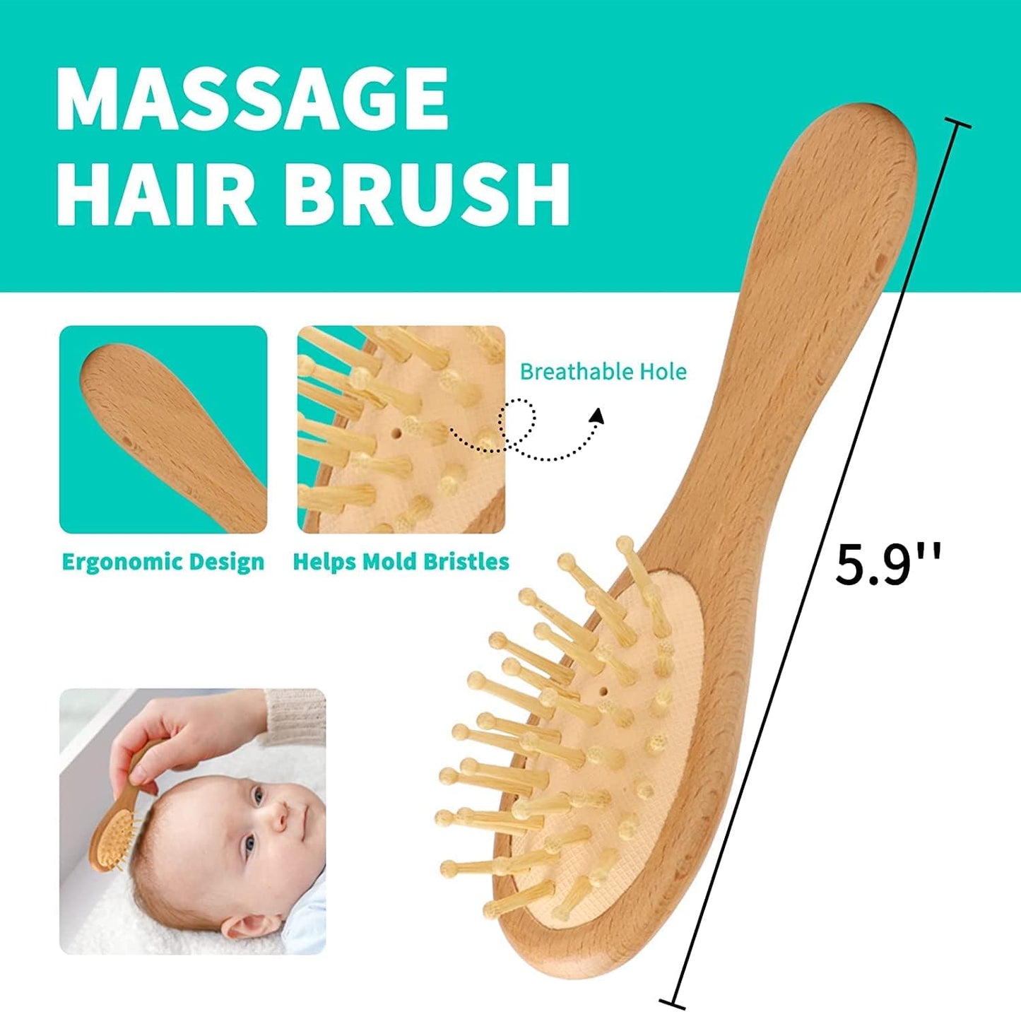Goat Baby Hair Brush Set, Wooden Comb Massage Scalp Comb, Safe Natural Hair Care Kit, Soft Silicone Bath Brush for Newborns Toddlers (Brush Set+ Green Massager) (Brush Set+ 4)