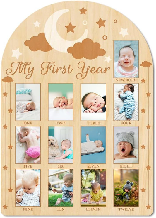 ORIGACH My First Year Baby Growth Photo Display Wood Board - 12 Months Newborn Milestones Photo Board - Neutral Baby Keepsake Frame 1st Birthday Party Nursery Decor New Mom Gift - Moon Star & Cloud