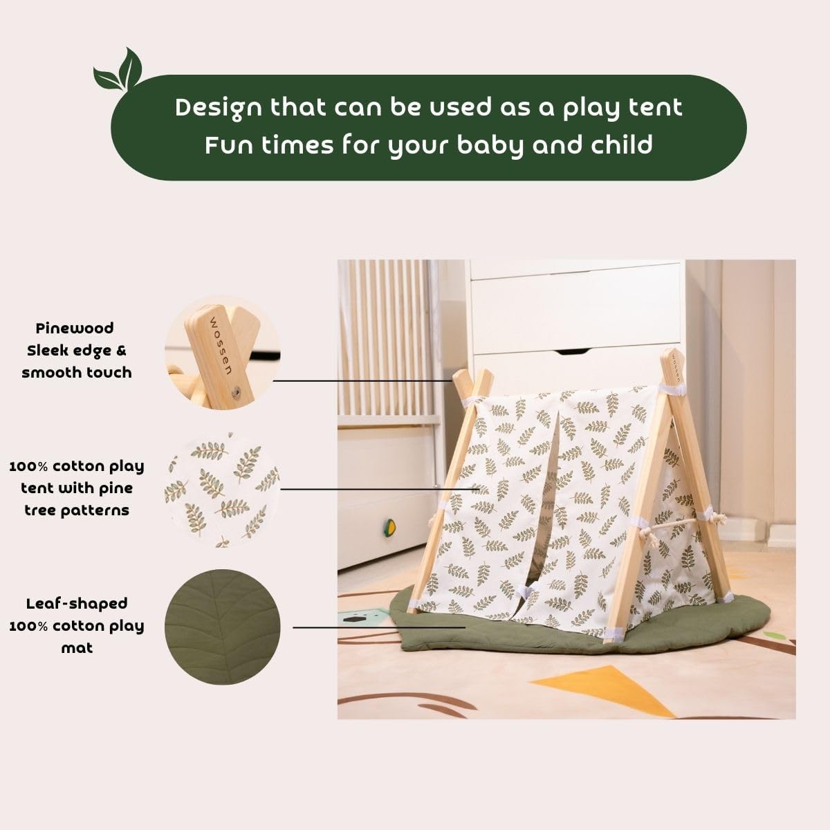 Wossen® Wooden Baby Play Gym Set and PlayTent Cover, Naturel Baby Gym, Reliable Toys, Ergonomic and Multipurpose Use, Mat and Play Tent Cover, Newborn Gift for Baby Girl and Boy