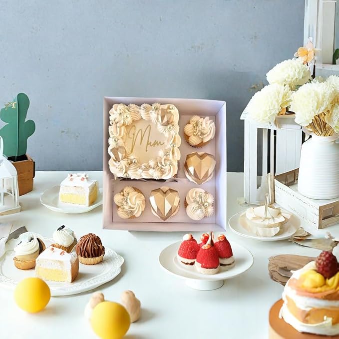 Bento Cake and Cupcake Box 4-inch Cake and 5 Cupcakes Box Full Clear Cover 5 Sets for Family Dinner Birthday Party Picnic Gift