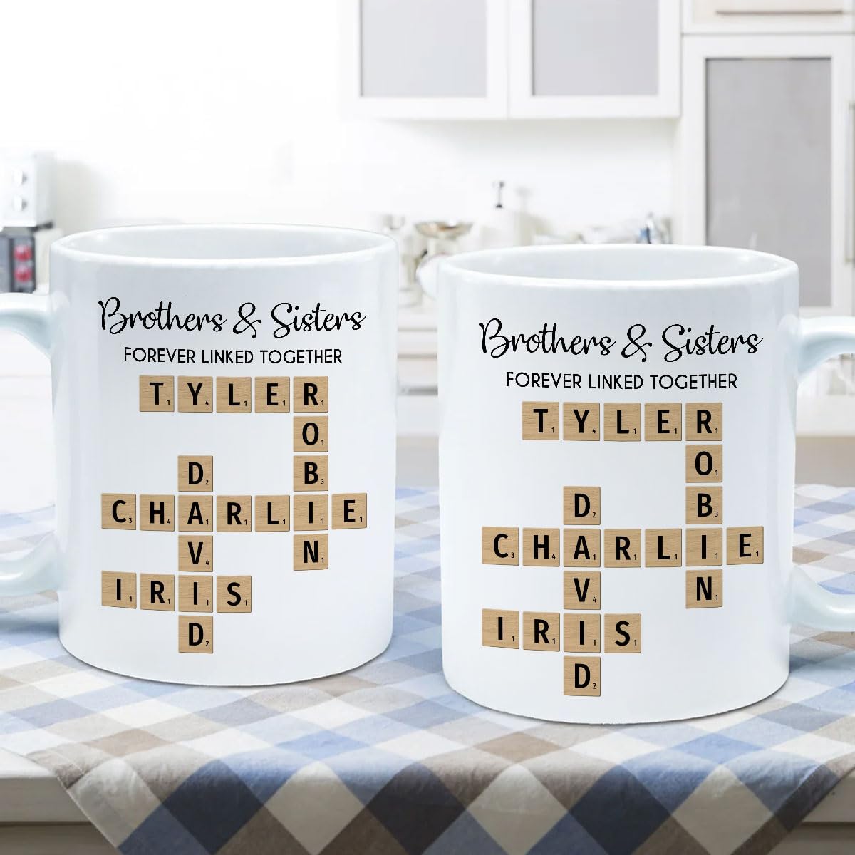 Family Forever Linked Together Custom Names Ceramic Mug, Crossword Puzzle Art, for Birthday, Anniversary or Special Occasions (Brothers & Sisters Forever Linked Together White Mug Ver 2)