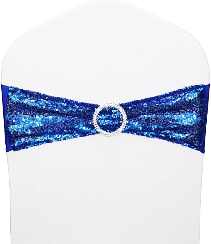 Sequin Chair Sashes Stretch Chair Bands Spandex Polyester Bows for Party Hotel Wedding Banquets Decoration - 6 Pcs Royal Blue