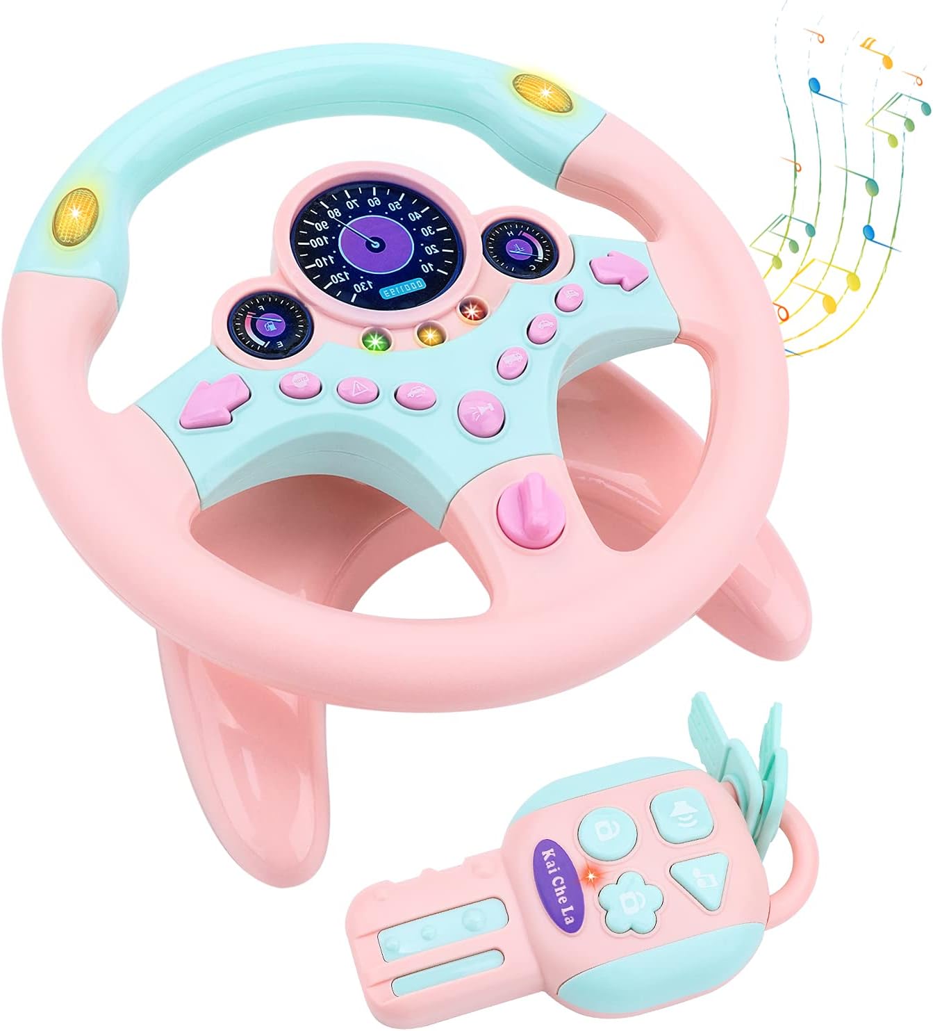 deAO Kids Steering Wheel for Backseat with Key Baby Toys Pretend Driving Simulated Steering Wheel Toy with Light and Music Gifts for Kids Toddlers (Pink)