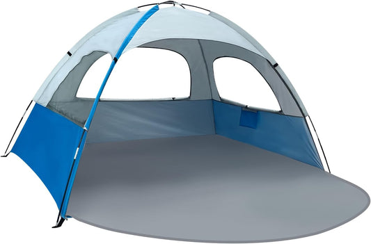 NXONE Beach Tent Sun Shade Shelter for 3/4/6 Person Person with UV Protection, Extended Floor, 3 Mesh Roll Up Windows & 8.0/8.5mm Fiberglass Rods丨Carry Bag Included